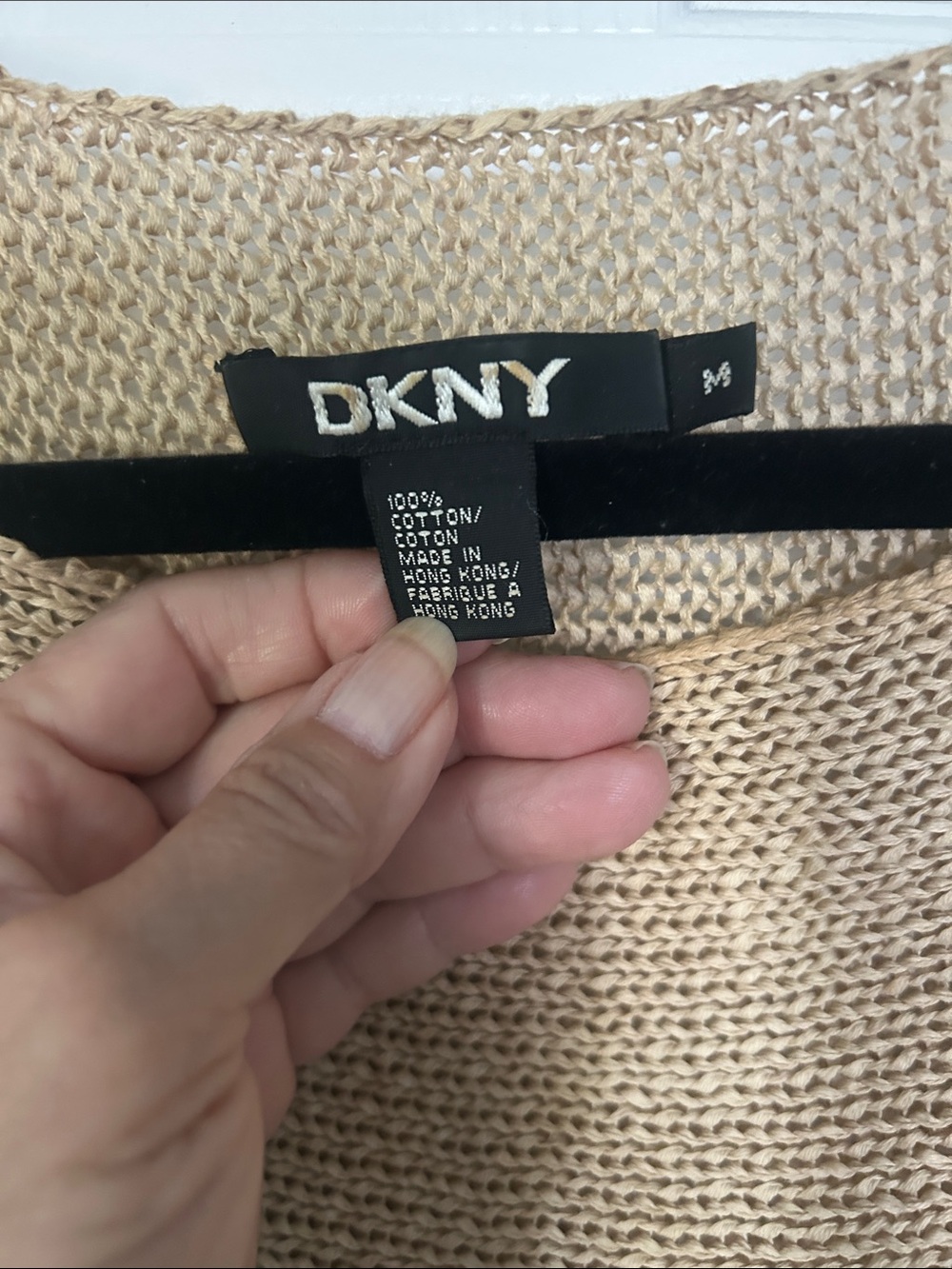 DKNY Beige Open-Knit Short Sleeve Sweater